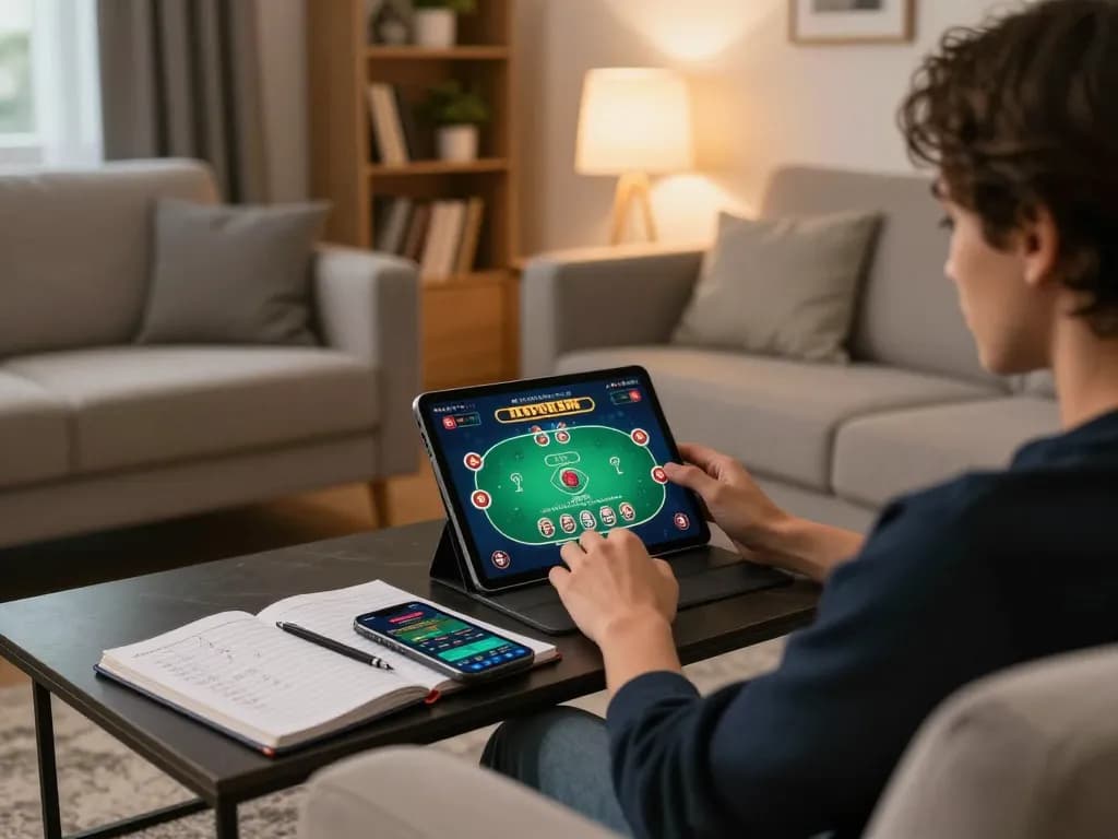 Player enjoying online casino gaming through lmhistory with warm ambiance and strategic notes