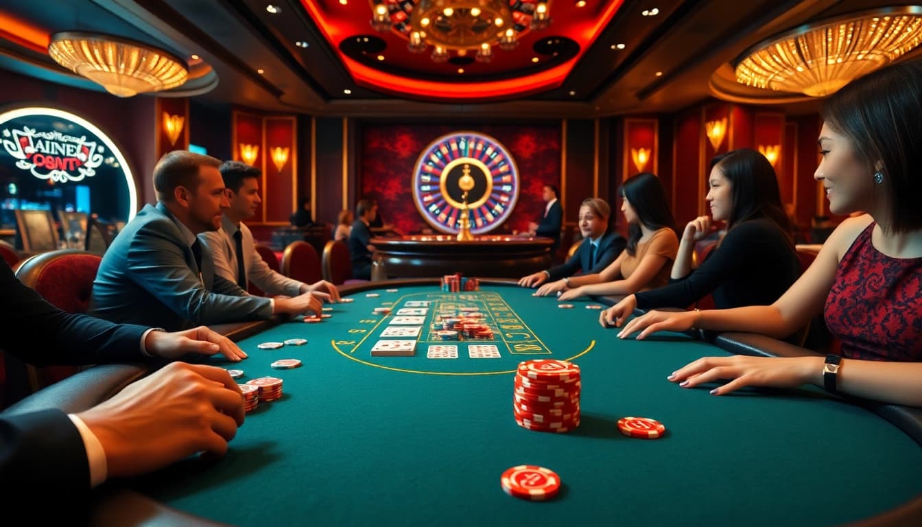 Exciting game bài đổi thưởng experience in a luxurious casino setting with vibrant poker and roulette.