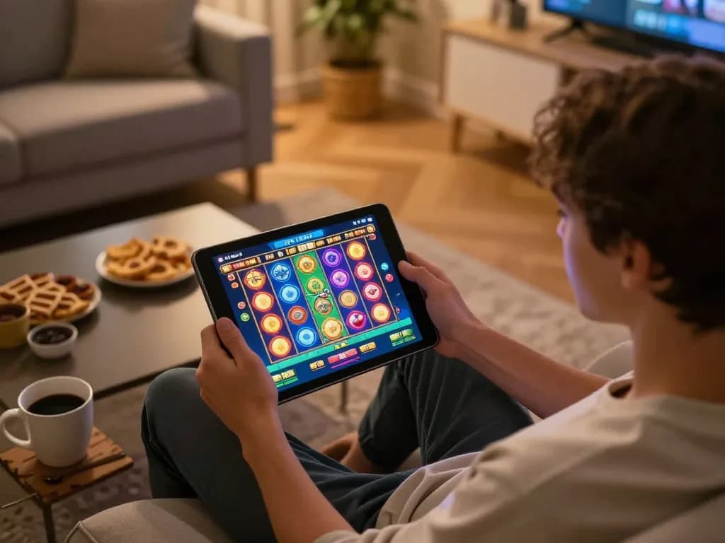 Player enjoying slot games on a tablet in a cozy home setting