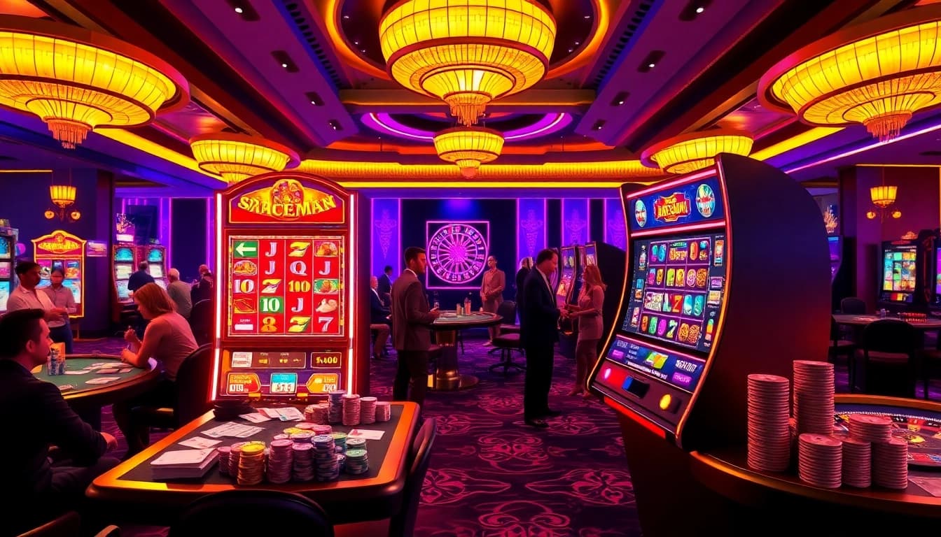 Players enjoy RAJAGACOR's Spaceman Slot in a luxurious casino setting, full of excitement and anticipation.