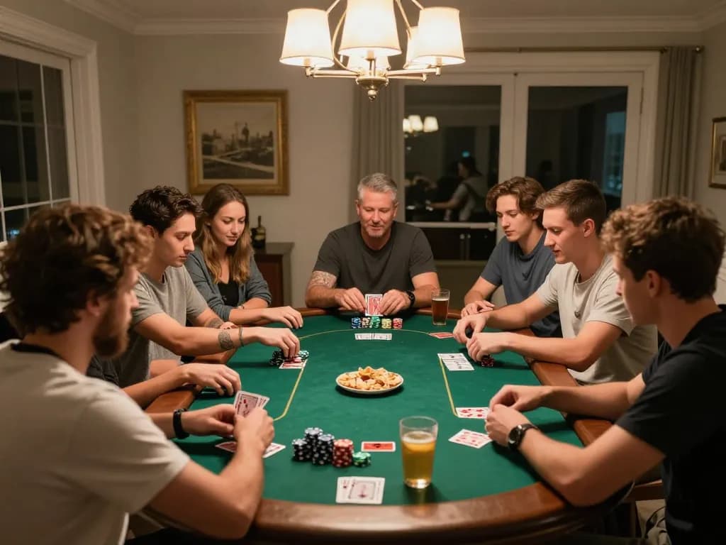 Engaged players enjoying a thrilling poker night at home showcasing nohu90's strategic gameplay atmosphere.