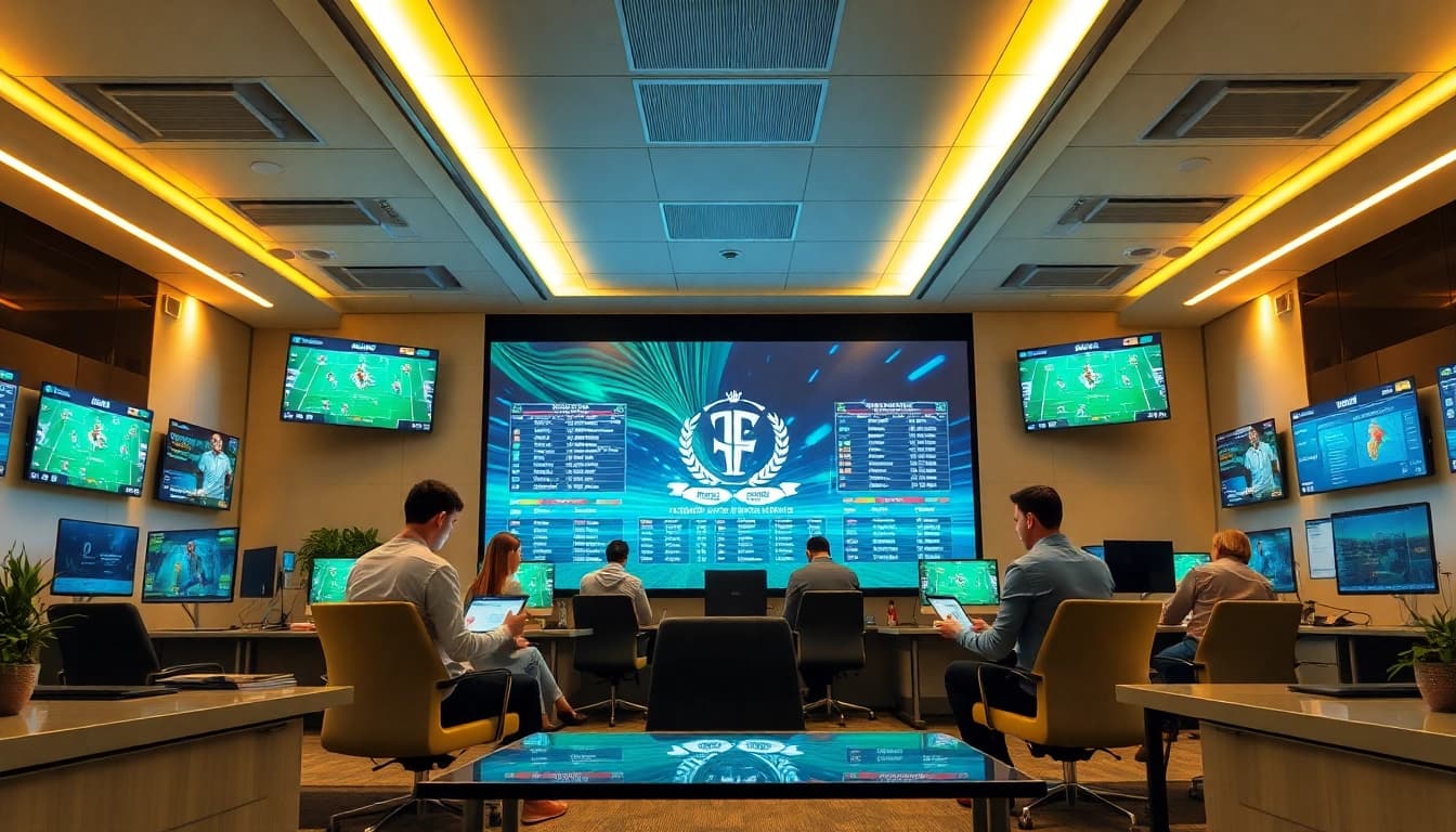 Modern betting office with screens showcasing https://nhacaiuytin.us.com/ and diverse individuals engaging.