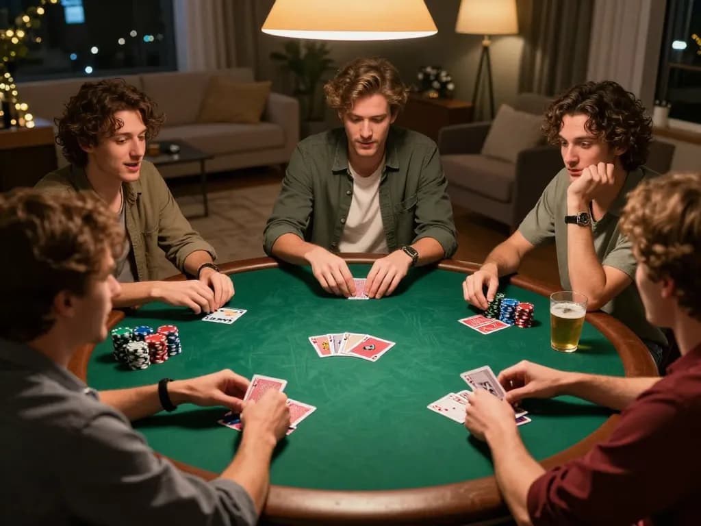 Dewatogel Link Alternatif Login Terbaru showcased during a lively home poker night with friends enjoying the game.