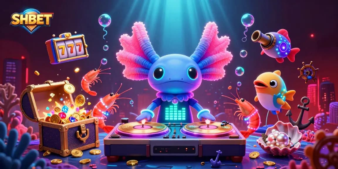 Experience the thrill of SHBET with a vivid underwater casino scene featuring axolotl DJ and vibrant game elements.