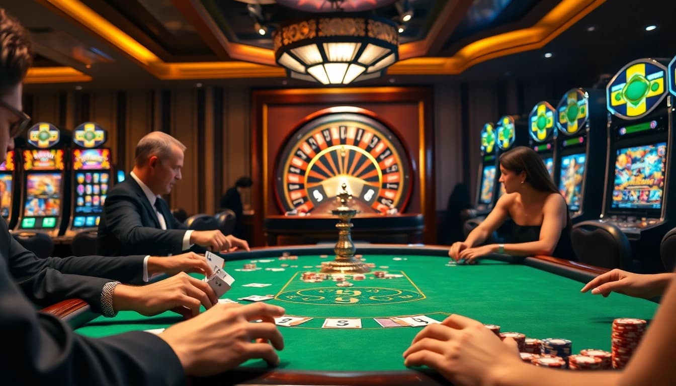 Experience the thrill of gambling at MM OO casino with vibrant tables and excited players.