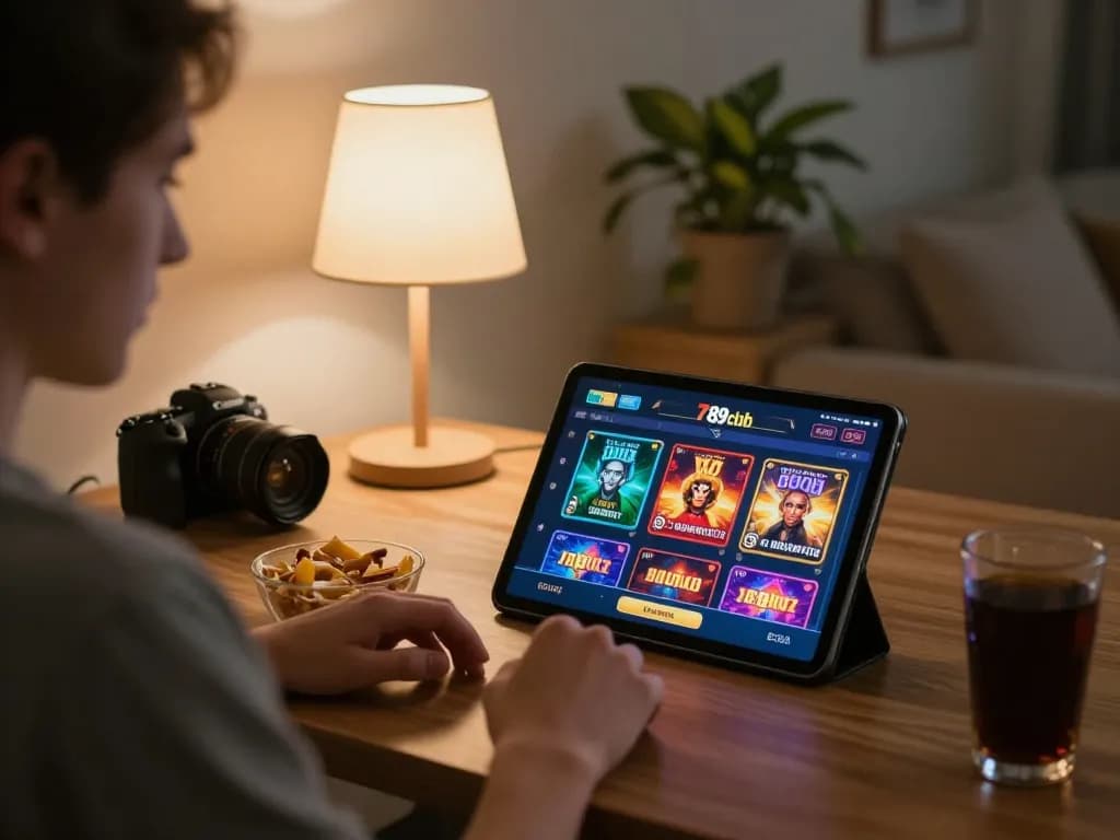 Engaged player using 789club app for online gaming in cozy home setting