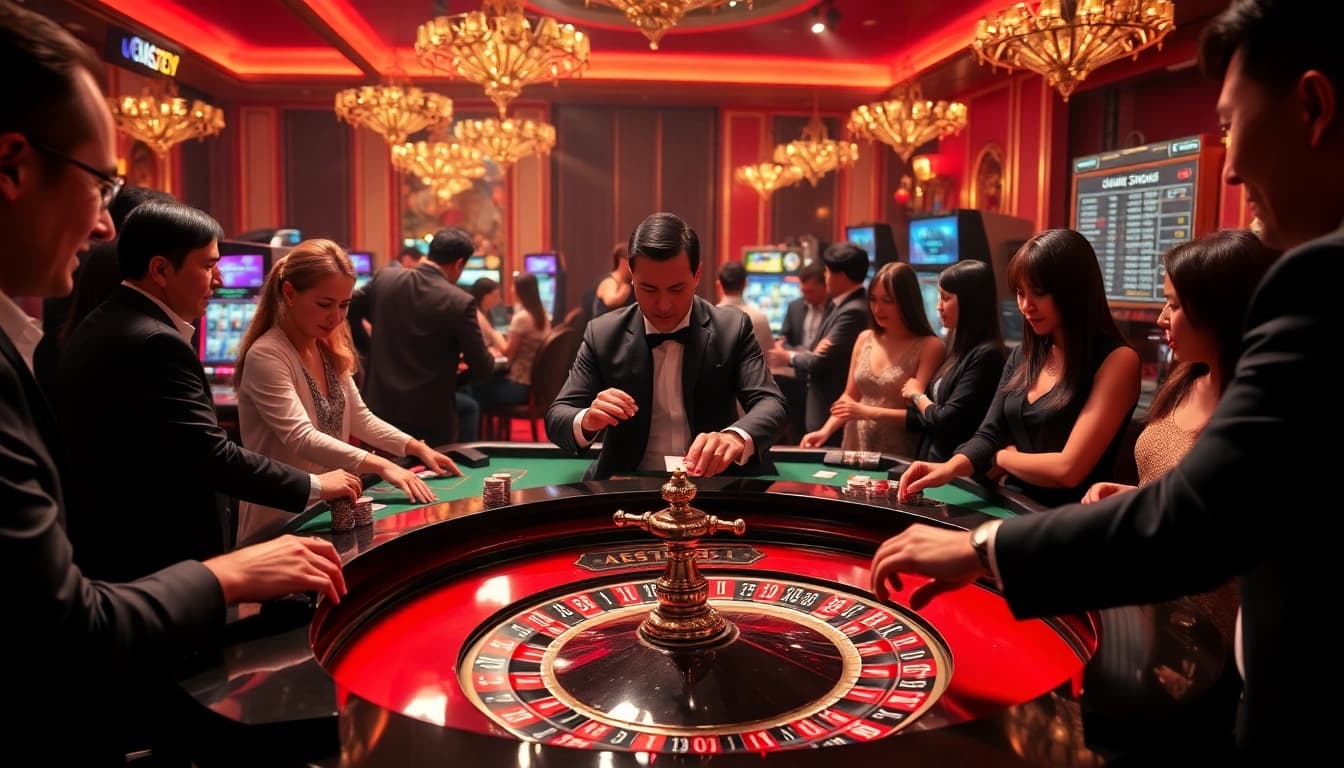Lô Đề Trực Tuyến boasts thrilling casino experiences with engaged players sharing excitement at a roulette table.