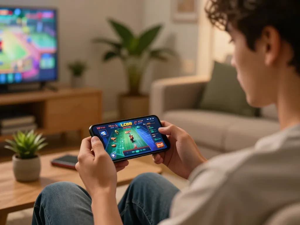 Engaging in lc88 bet through a smartphone app, showcasing strategic gameplay in a cozy home setting.