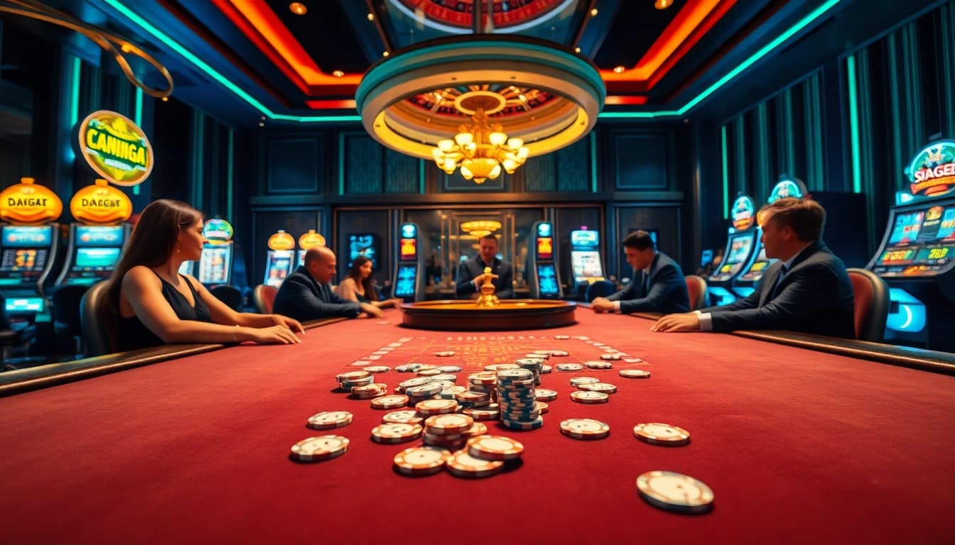 Players enjoying a high-stakes Daga poker game with luxurious decor and vibrant atmosphere.