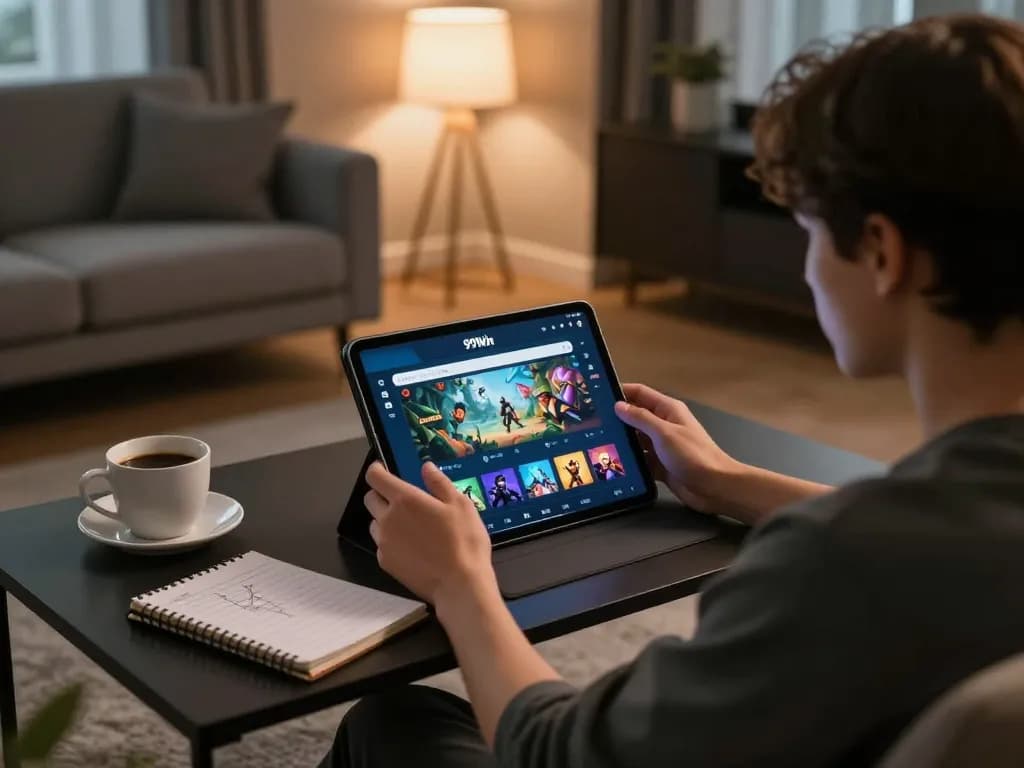 Player using the 99Win app on a tablet in a cozy home setup, emphasizing responsible online gaming.