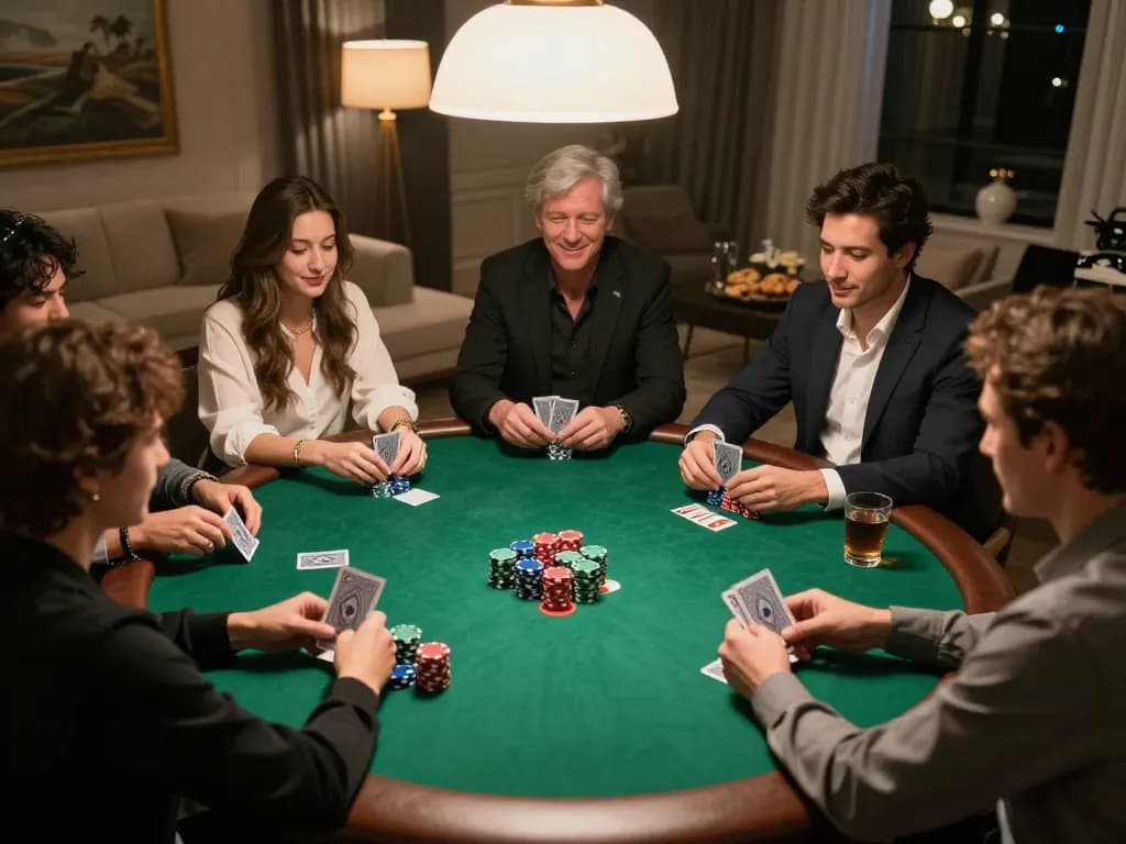 Enjoying a game of poker at home, friends engaged in strategy while iwin chips are stacked on the table.