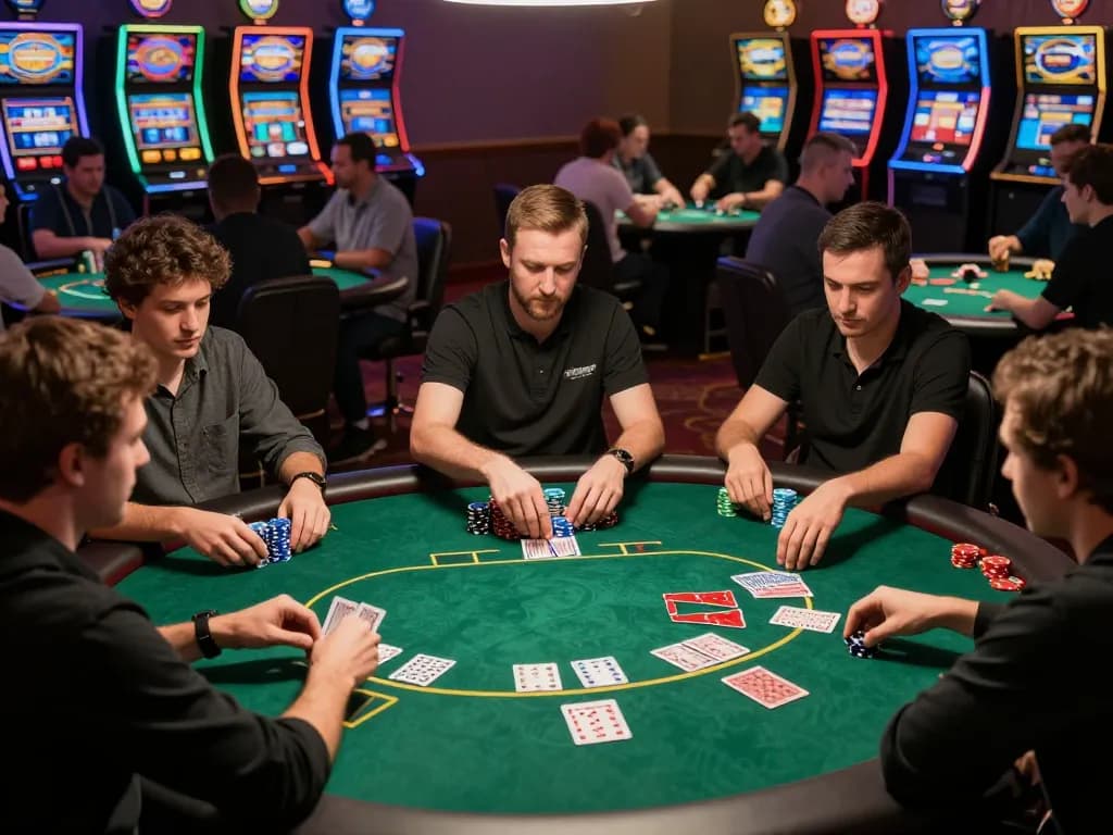 Players at TT88 poker table engaging in serious gameplay, chips in front and dealer distributing cards, showcasing casino dynamics.
