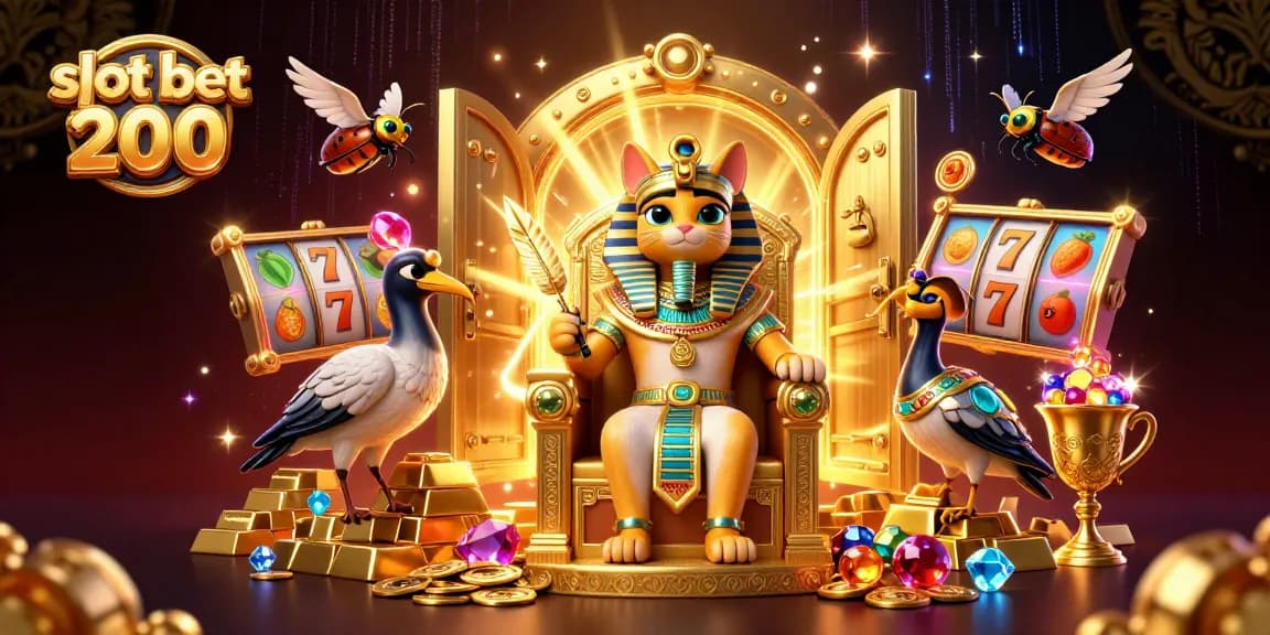 Experience the thrill of slot bet 200 with vibrant 3D detailed casino illustration featuring pharaoh characters and games.