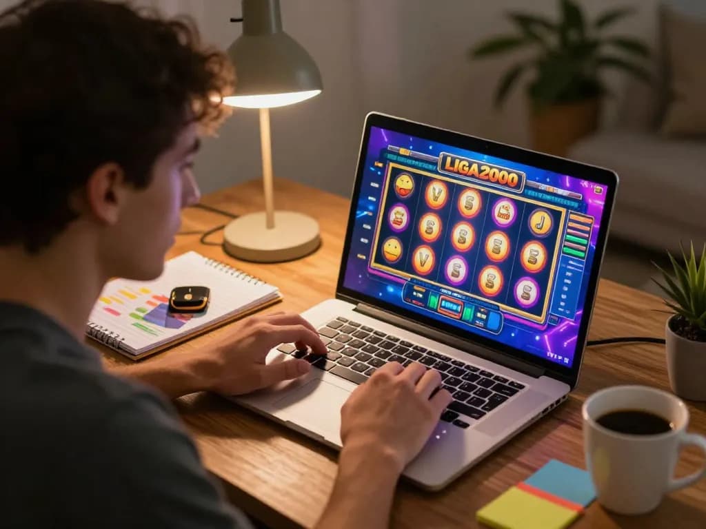 LIGA2000 player immersed in online slot game action at home with strategy notes on desk.