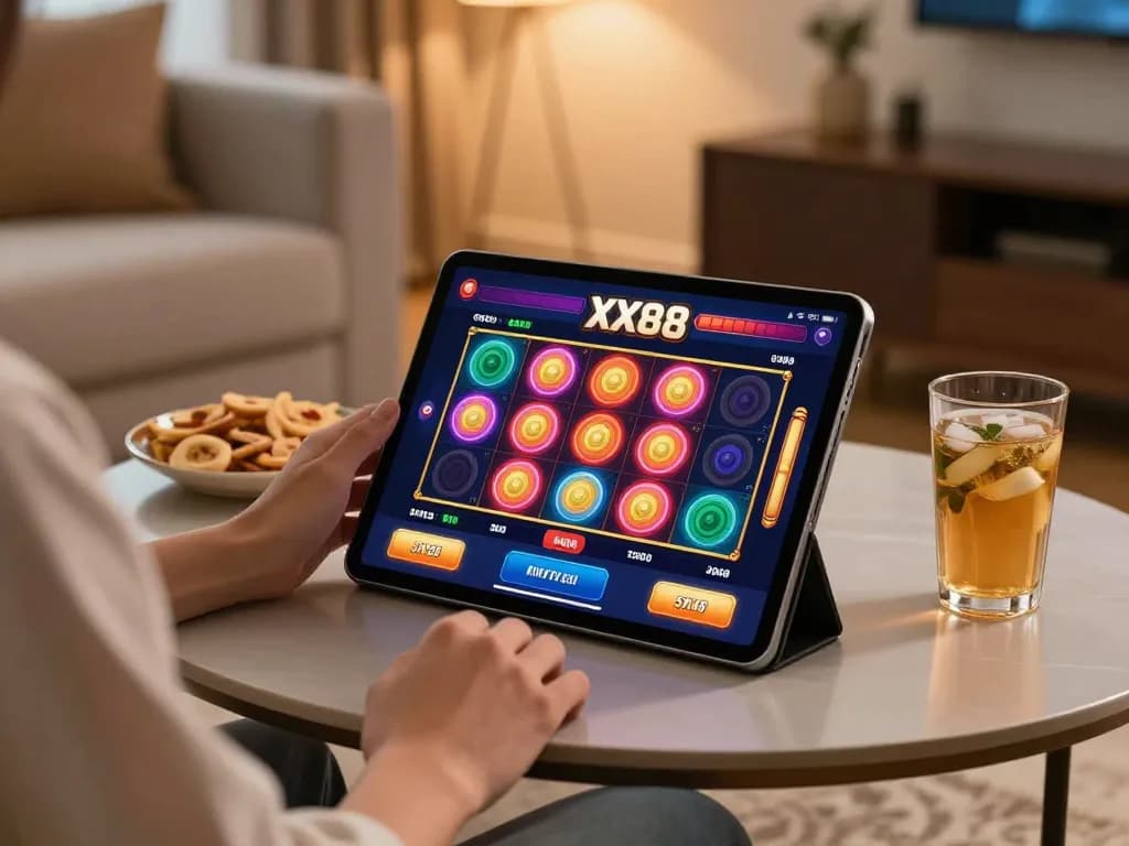 Player interacting with the XX88 app on a tablet during a cozy home gaming session.