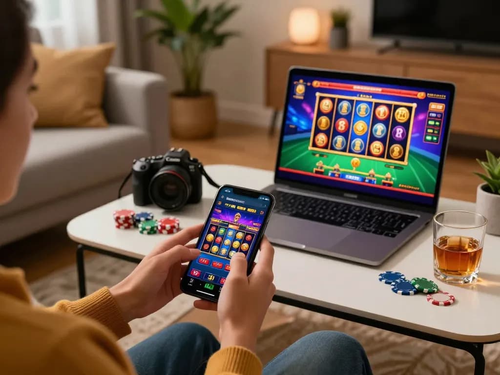 Orang menikmati permainan slot online di aplikasi mejavip di ruang tamu yang stylish