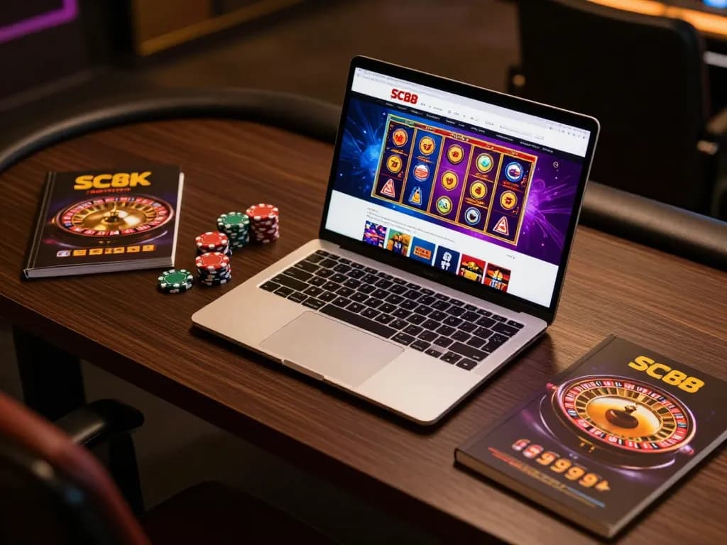 SC88 trang chủ shown on laptop, highlighting vibrant online casino games and cozy gaming space.
