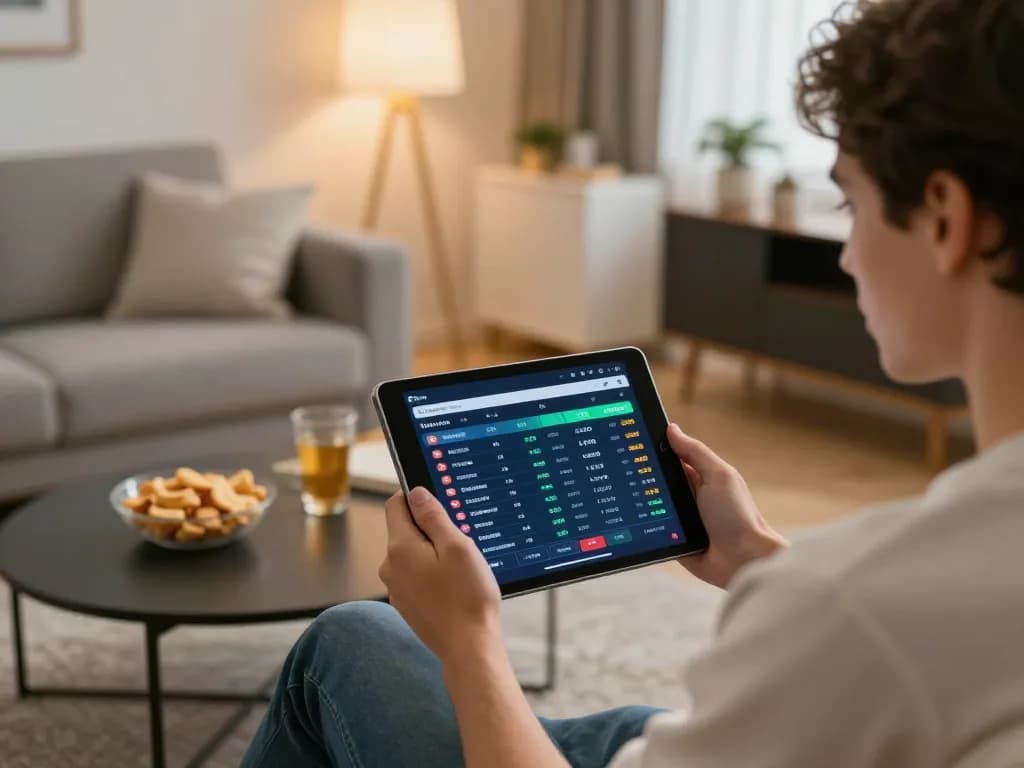 Engaged user betting on sports at https://rr888.shopping/ with tablet showing odds and stats in cozy living room