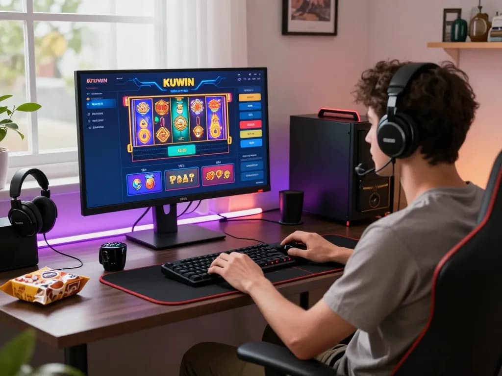 An engaged player enjoying KUWIN online gambling at a sleek setup, featuring colorful gaming interface and cozy atmosphere.