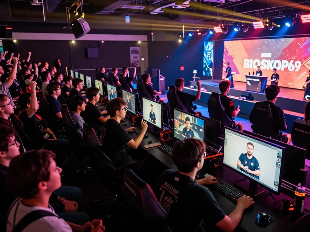 Penggemar bersorak di turnamen esports langsung, menampilkan suasana dinamis di BIOSKOP69