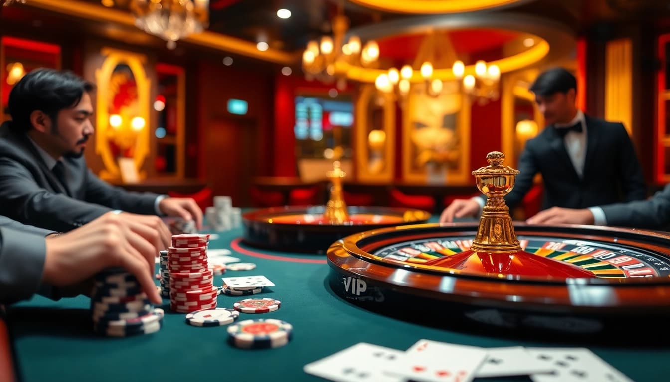 Experience the high stakes of luck8 vip gaming at a luxury casino table with poker chips and cards.
