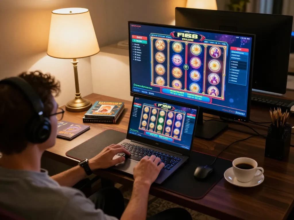 Enjoying F168 online casino gaming on a stylish home setup, showcasing a laptop with vibrant slot machines