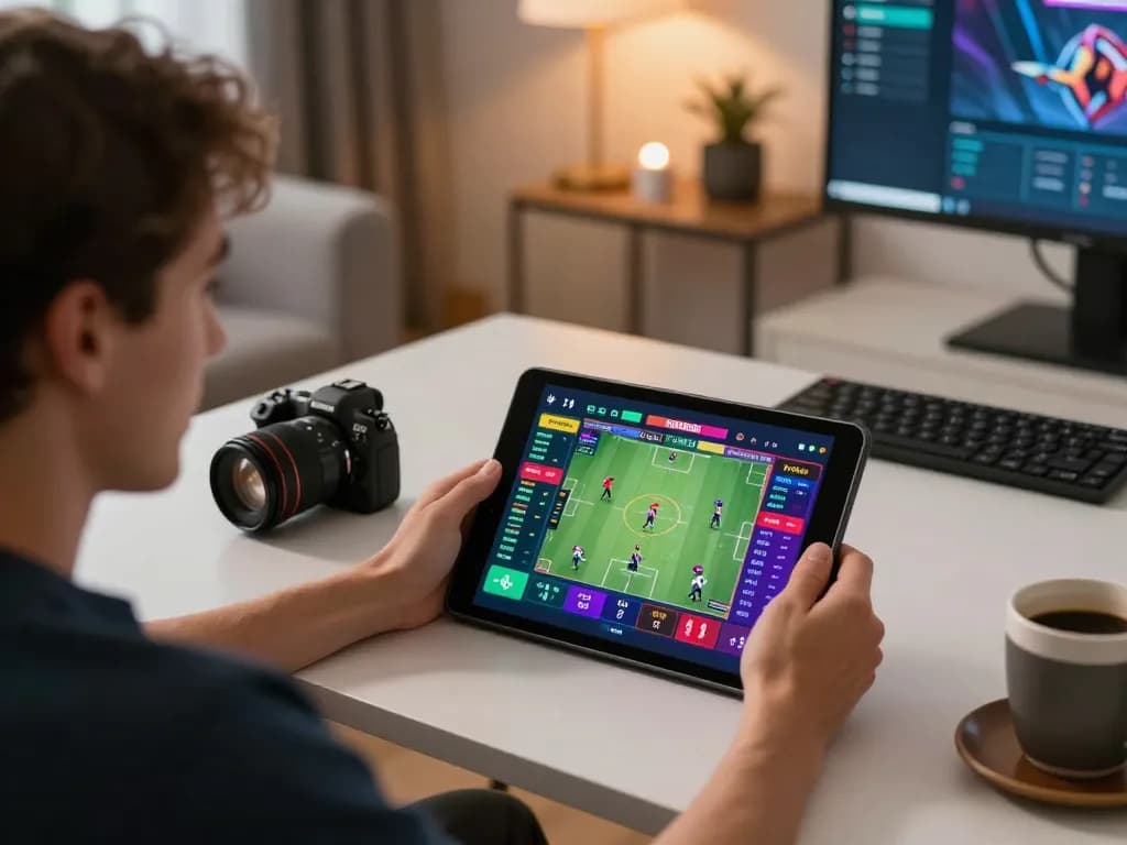 Dynamic online sports betting scene with user engaging on tablet through bsport platform, showcasing betting excitement and strategy.