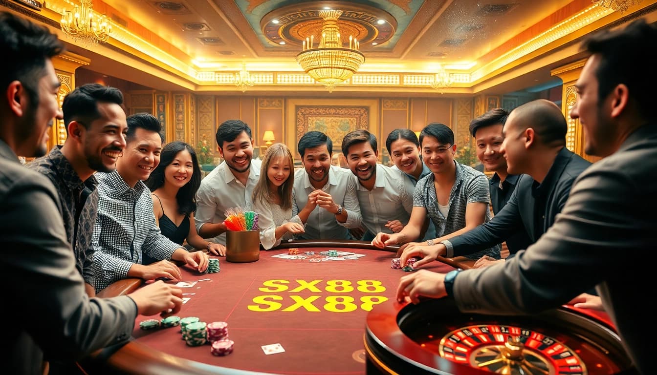 SX88 poker table scene with players engaged in a thrilling game, showcasing excitement and luxury.
