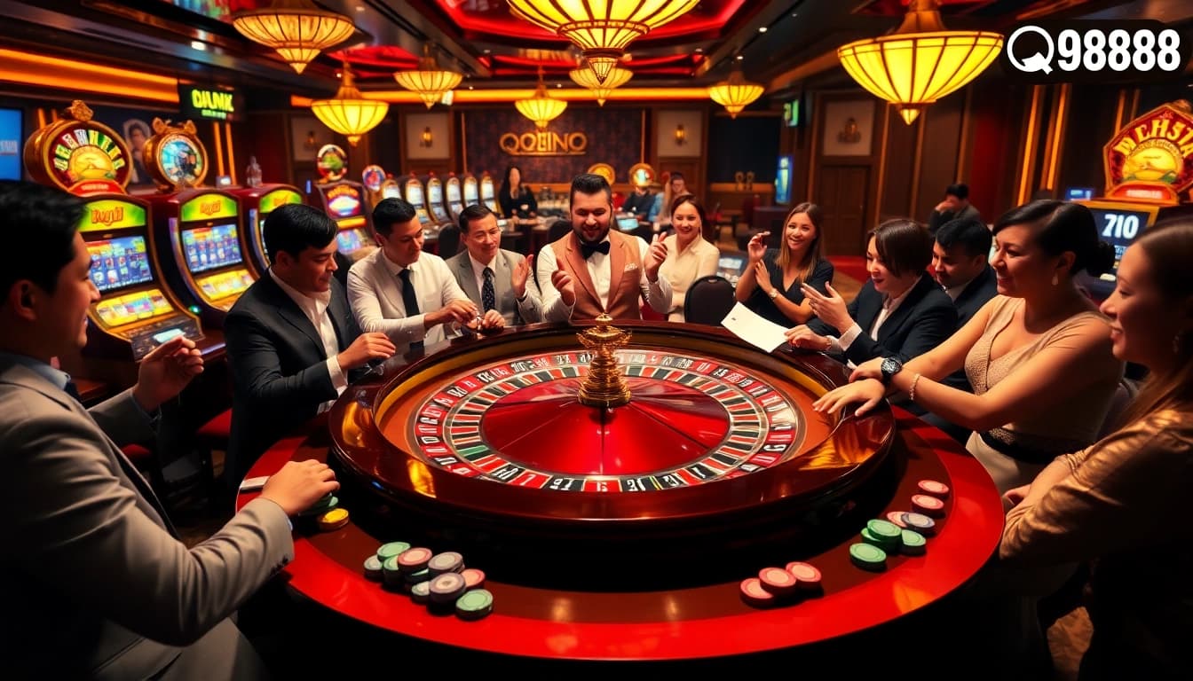 Engaging gamblers at a luxurious roulette table in a thrilling qq888 casino atmosphere.