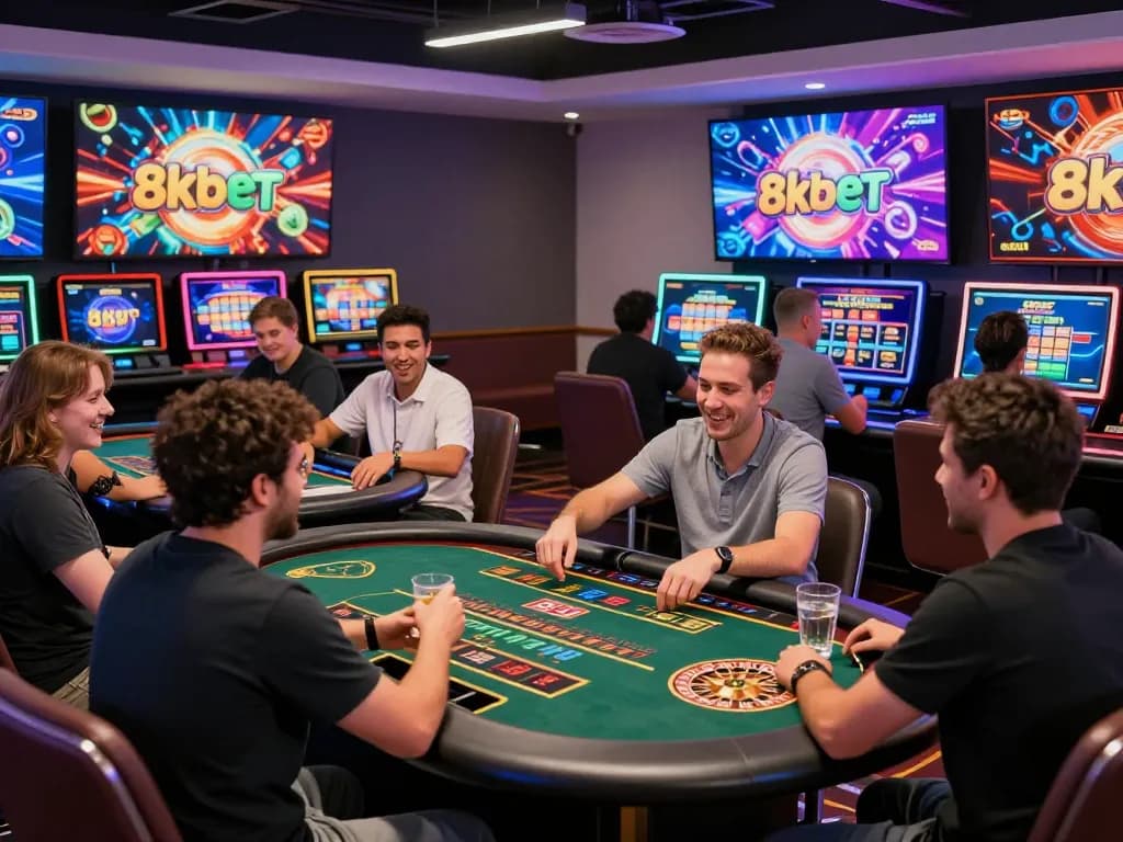 8kbet players enjoying vibrant online casino games with excitement and modern design.