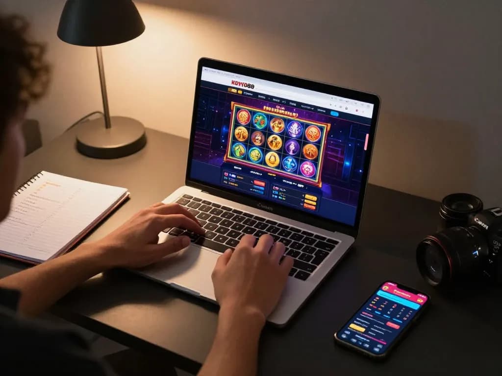 Pengguna yang terlibat memainkan permainan slot tokyo88 di laptop sambil meninjau strategi taruhan dalam pengaturan yang nyaman.