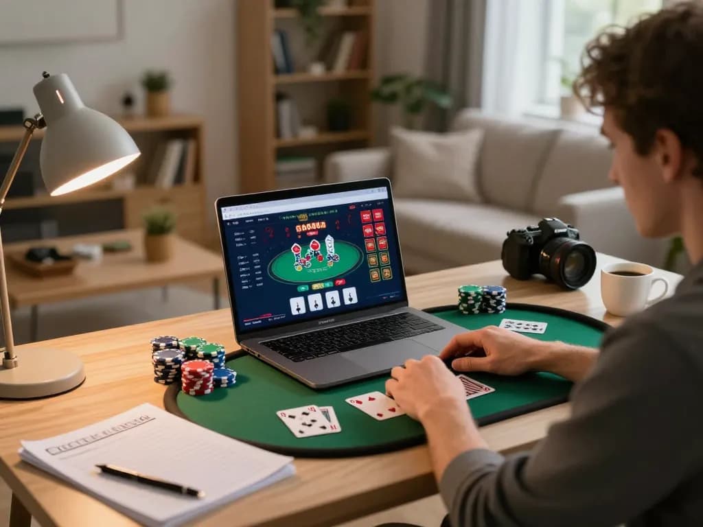 Track-courier interface displaying poker game while a player reviews strategy notes with chips around.
