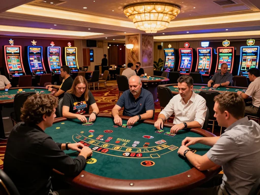 Players engaging at 555win casino tables, vibrant atmosphere full of excitement.