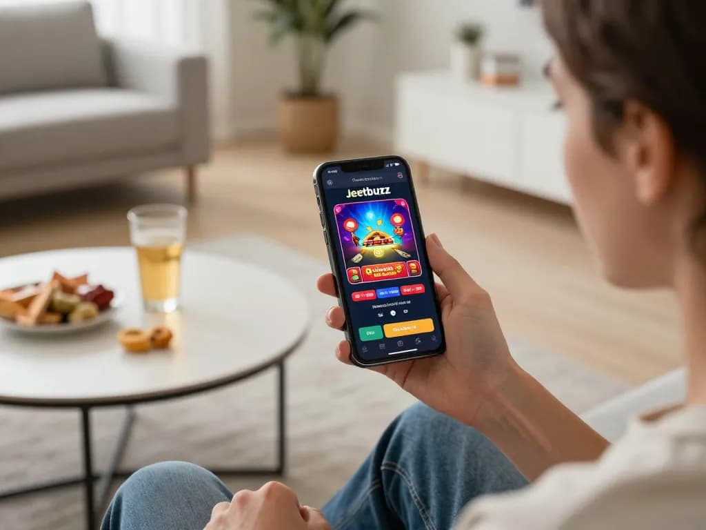 Engaging with the Jeetbuzz Download App while enjoying casino games in a cozy home setting.