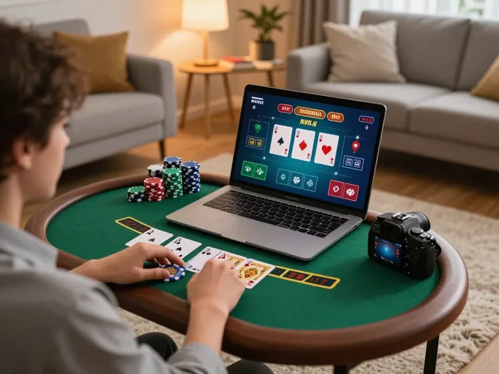 Engaging live dealer blackjack gameplay on a laptop, showcasing smart strategies with debet bets in a cozy home environment.