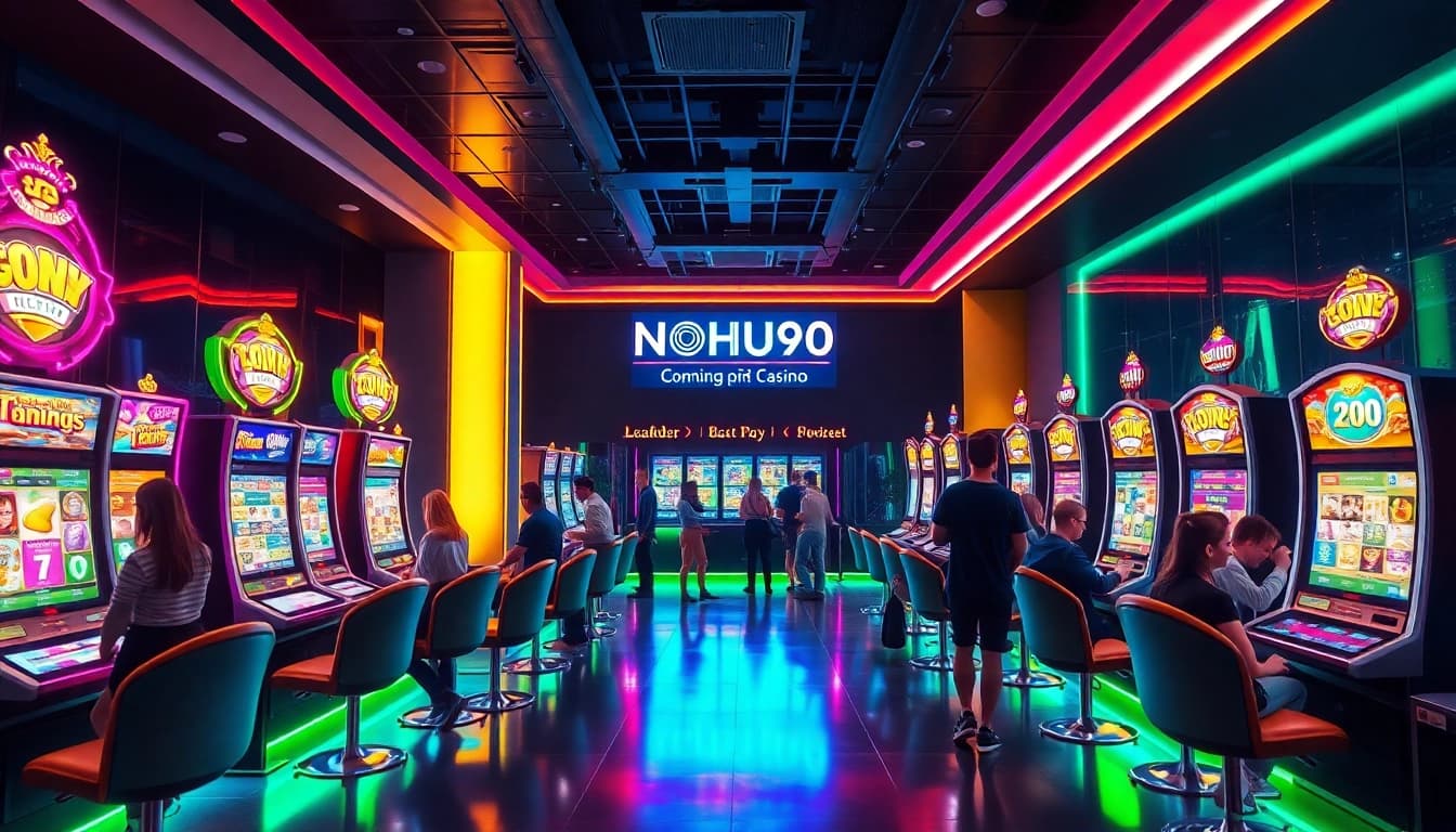 NOHU90 online casino gaming environment showcasing vibrant slot machines and excited players.