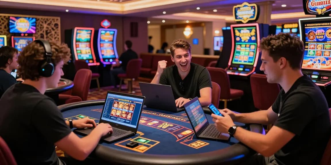 Exciting scene of players enjoying credit card casinos with vibrant backgrounds and gaming setups, reflecting the thrill and engagement of online gambling.