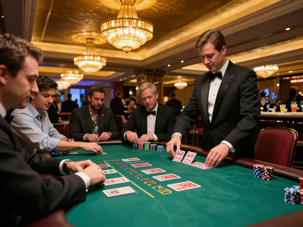 seniman komik terlibat dalam permainan blackjack berisiko tinggi di kasino mewah dengan suasana yang cerah