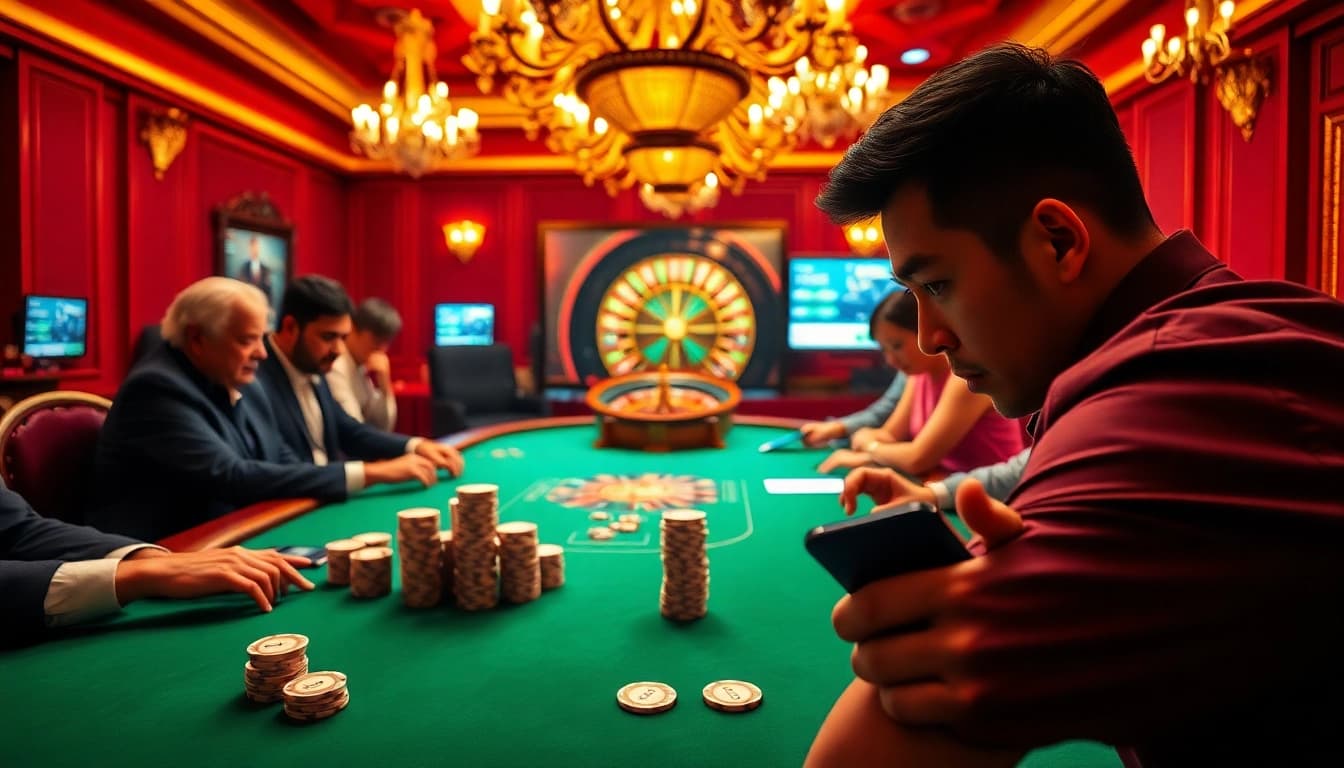 Players engage in high-stakes poker at the casino with lego138 digital displays in view, showcasing excitement.