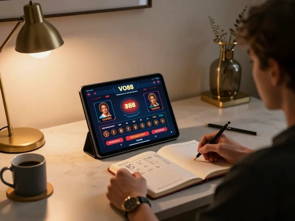 Person using the LV88 casino app on a tablet in a stylish home office environment, emphasizing strategic online gaming.