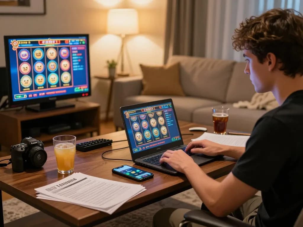 Engaging online gaming scene with 777vip on a laptop, showcasing vibrant slot interface and cozy atmosphere.