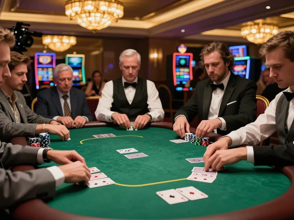 Players engaging in a thrilling poker game at 88AA's luxury casino, surrounded by vibrant ambiance.