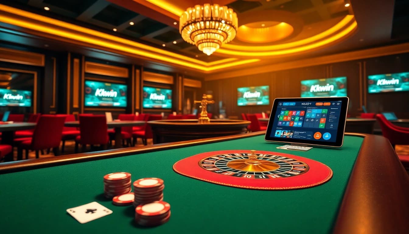 Kkwin online casino table scene showcasing poker chips and cards in an exciting gambling environment.