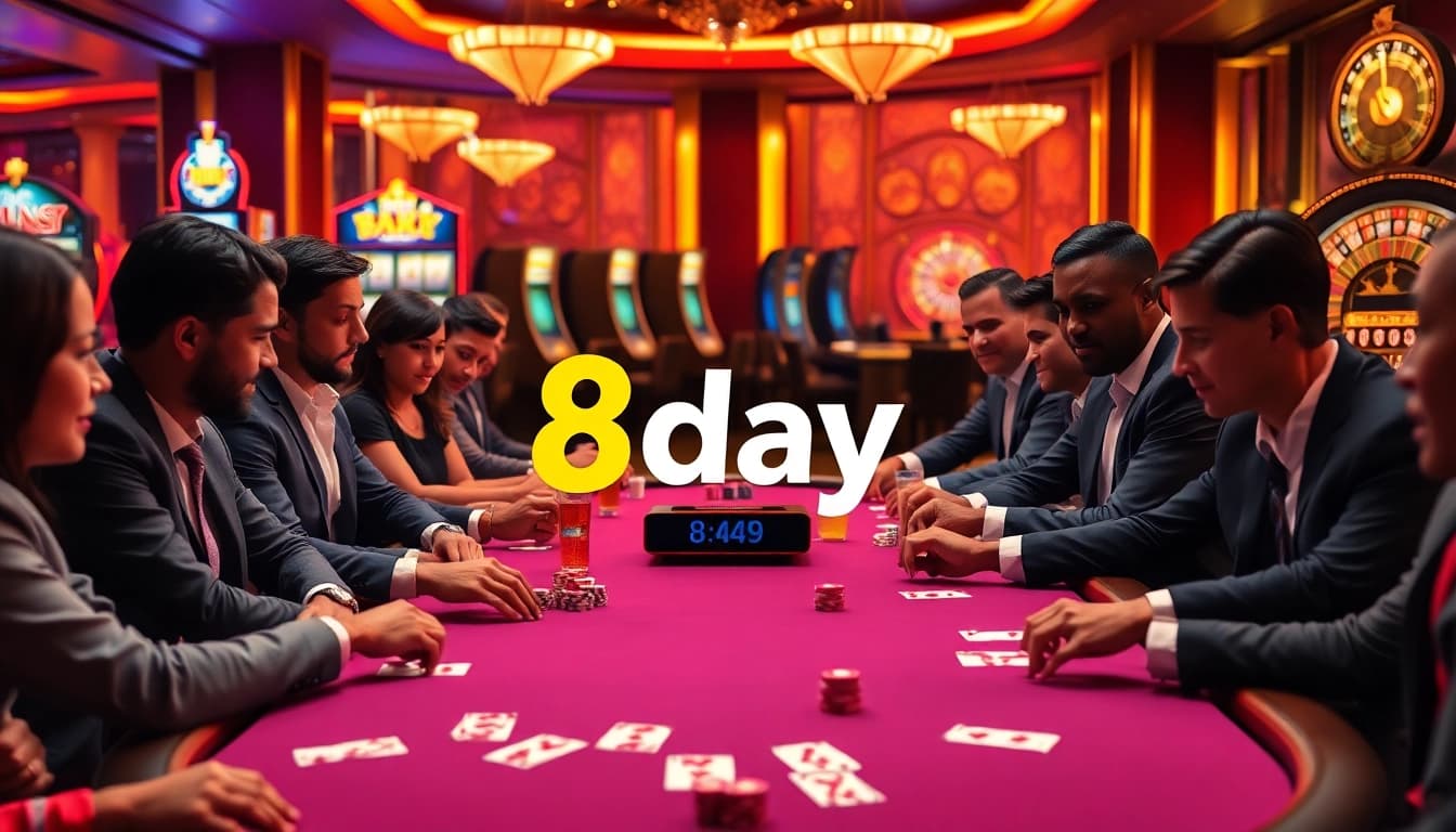 Engage in a thrilling poker game at 8day's luxurious casino with vibrant poker chips and illuminated slot machines.