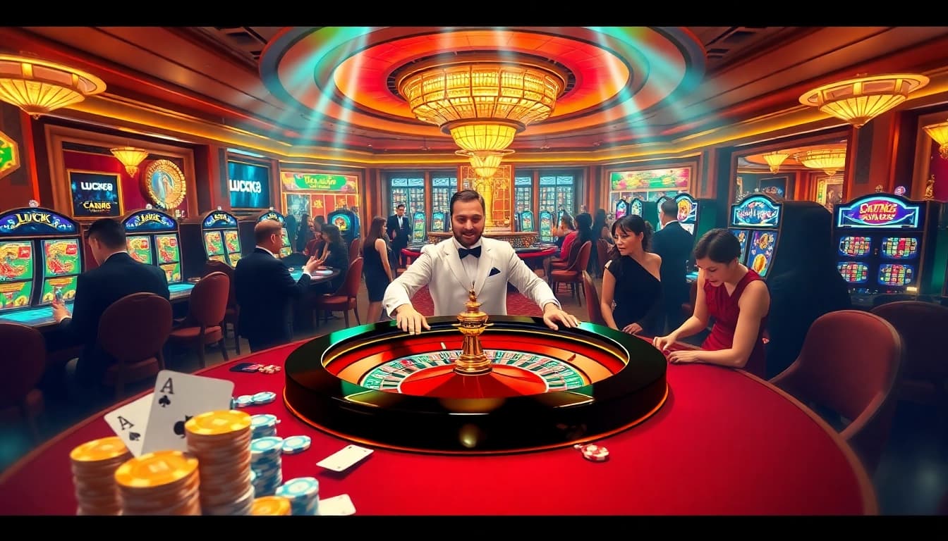 LUCK8 casino scene capturing excitement with players at roulette table and colorful gaming elements.