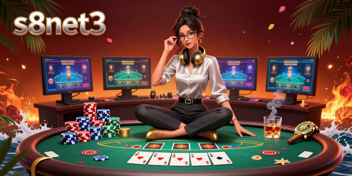 Experience the thrill of s8net3 with a professional Asian woman gaming at a high-tech casino setup.