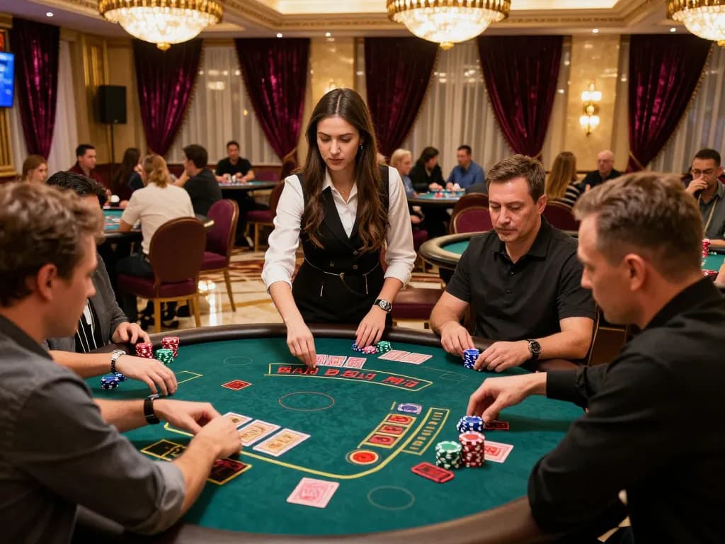 Win138 players placing bets at an elegant blackjack table in a luxury casino environment.