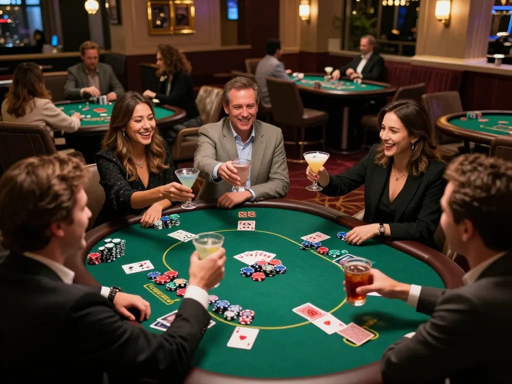 KONG88 players enjoying a celebratory poker night with vibrant chips and cozy atmosphere