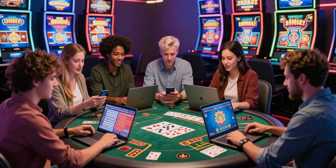 Excited players exploring online credit card casinos with various games on laptops and mobile devices.