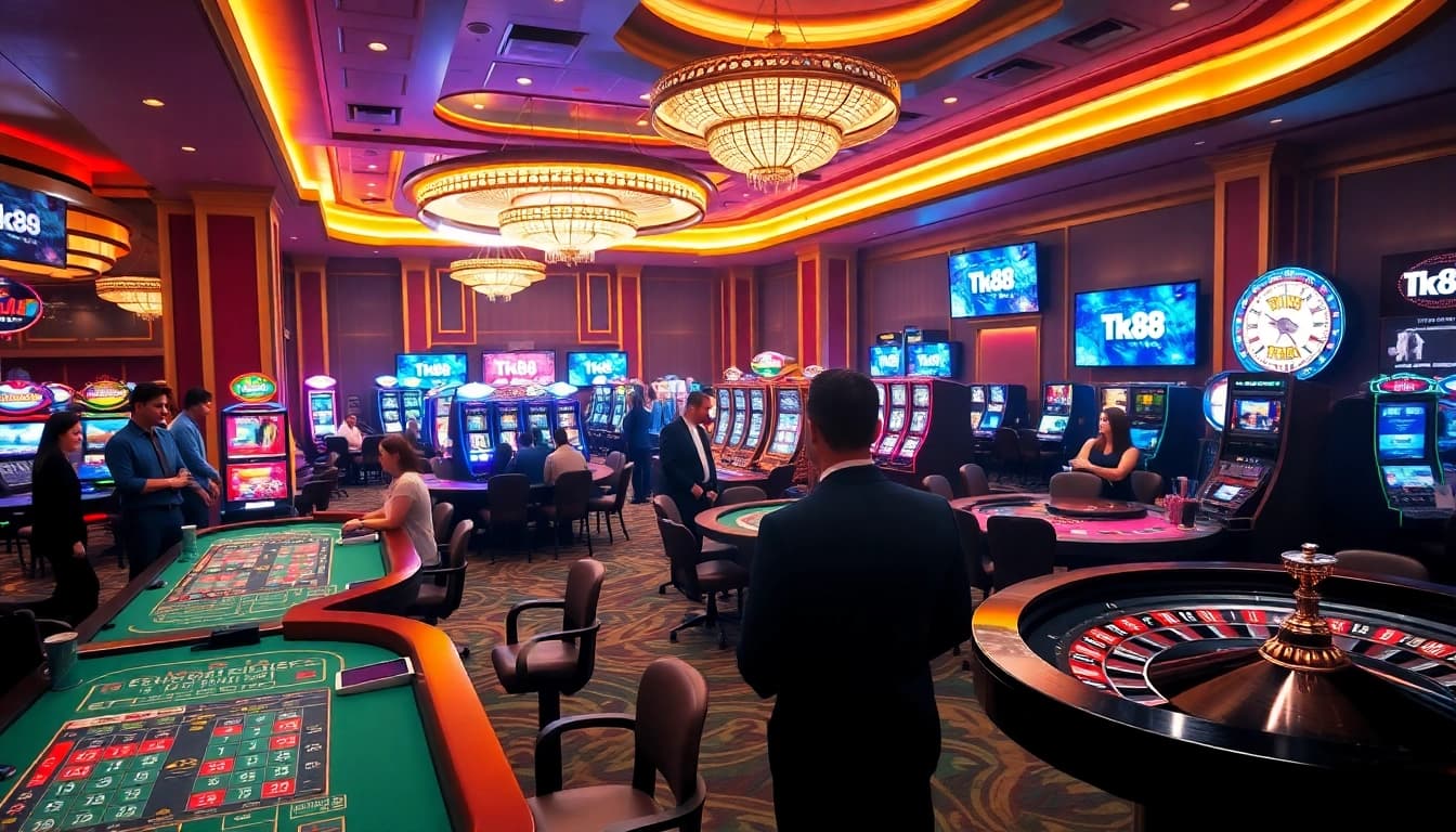 Engaging poker action and colorful slot machines in tk88 casino atmosphere.